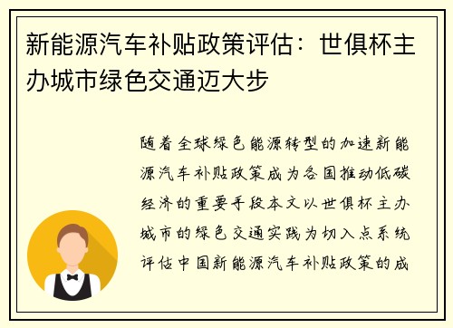 新能源汽车补贴政策评估：世俱杯主办城市绿色交通迈大步